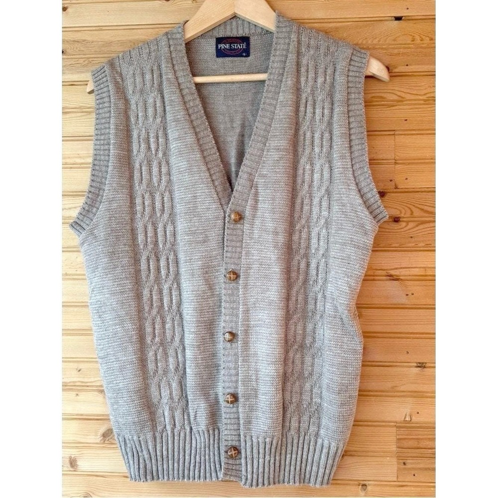 VTG 70s Sweater Vest Cable Knit Gray Buttons Large Light Academia Grandpacore
